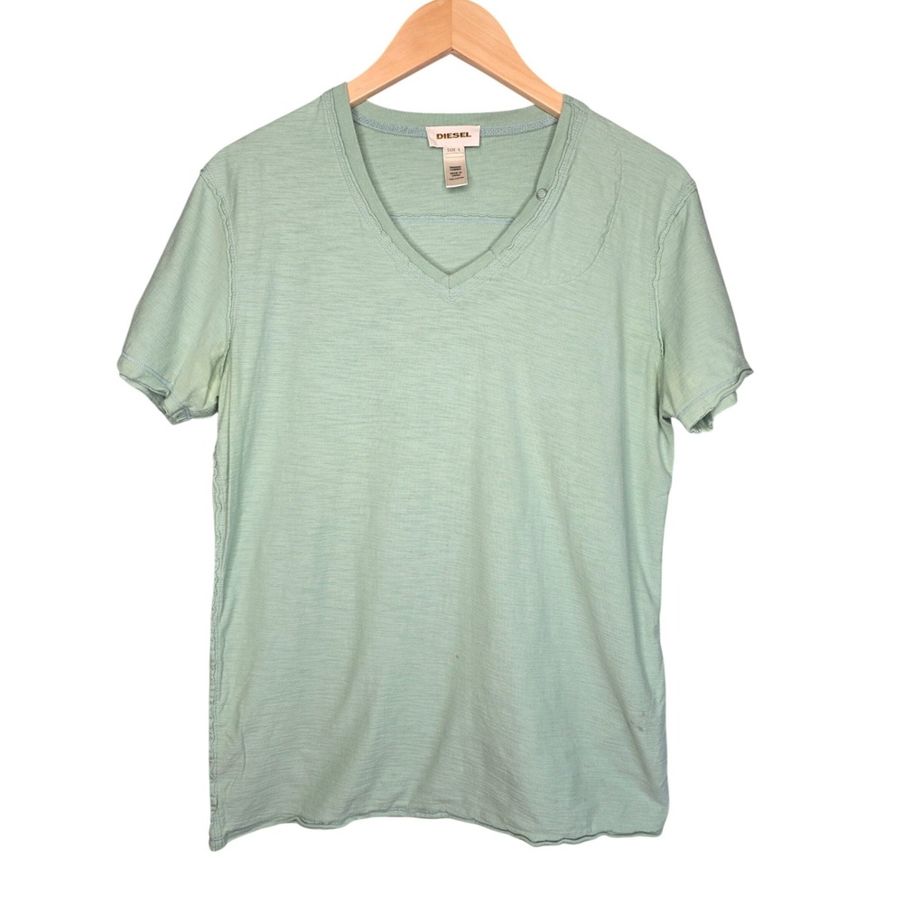 Diesel V-Neck T-Shirt Men Large Green Slub Cotton Distressed Raw Hem Streetwear